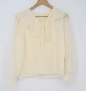 Bu Yi Du Blouse Womens M Ruffle Collar Tie Neck Cream Sheer Shimmer Excellent thumbnail 1