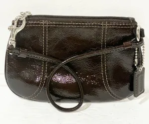 COACH Dark Brown Patent Leather Wristlet ‎ Lavender Purple Lining thumbnail 1