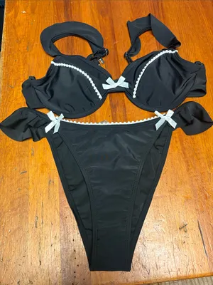 Black Bikini Set with White Trim and Bow Accents thumbnail 1