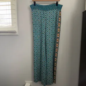 Alice + Olivia Small Russell Pants‎ High Waist Geo Teal Blue Wide Leg Boho Gypsy thumbnail 4