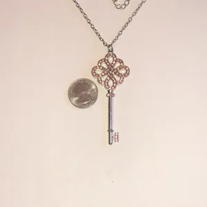 Silver Tone Key Pendant Necklace with Pink Accents thumbnail 4