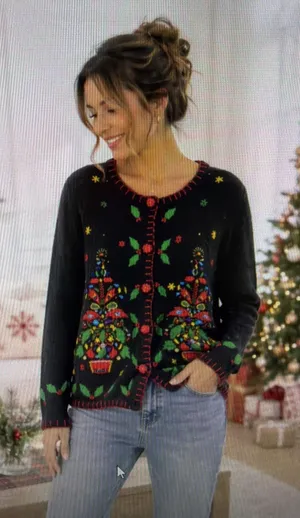 Victoria Harbour medium Embroidered Christmas Sweater Cardigan Sequin vintage thumbnail 1