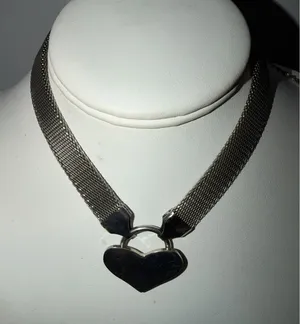 Silver Tone Heart Mesh Chain‎ Necklace Choker Y2K 16" thumbnail 1
