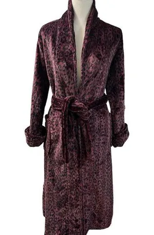 Natori Private Luxuries Leopard Animal Print Ultra Soft Fleece Long Robe M thumbnail 1