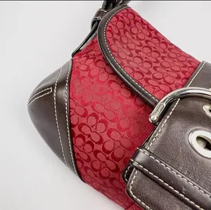 RARE Vintage Coach Mini Soho Signature Red Jacquard Brown Leather Flap Buckle Shoulder Bag thumbnail 3