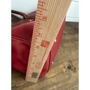 Vintage Dooney & Bourke Red Pebbled Leather Satchel Bag Tan Trim Duck Logo Large thumbnail 10