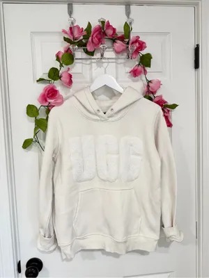 UGG Sherpa Logo Hoodie Cream Ivory Pullover Sweatshirt Cozy Fleece Casual Medium thumbnail 2