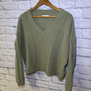 Hollister Women's Green Large V-Neck Cable-Knit Cardigan Hipster Teenager thumbnail 2