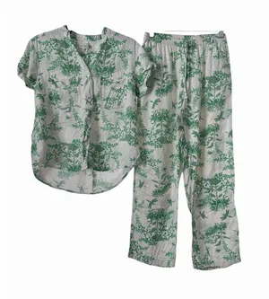 Piyama Pajama Set XS Green White Toile Botanical Rayon Pants Bali Resort #F13-1 thumbnail 1