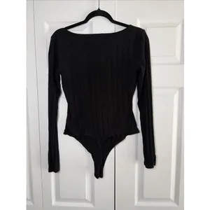 Free People Intimately Square Neck Bodysuit Womens Size M Black Ribbed Knit Long thumbnail 3