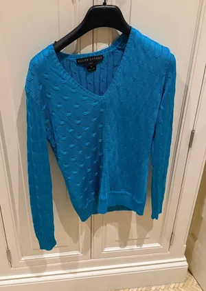 Ralph Lauren Women's V-Neck Cable Knit Sweater in Bright Teal thumbnail 1