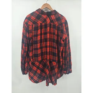 We The Free Button Down Women Small Red Plaid Lurex Oversized Distressed Shirt‎ thumbnail 5