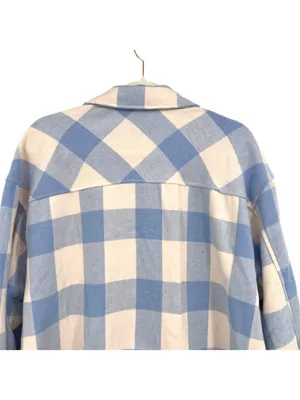 HFX Blue & Cream Plaid Long Sleeve Shacket Front Pockets Size Large thumbnail 6