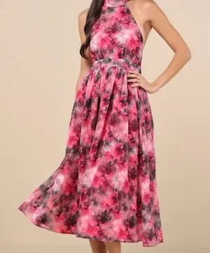 Lulu's Vibrant Pink and Black Midi Dress thumbnail 1
