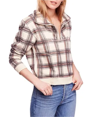 Free People Why Not Sweatshirt Plaid Quarter Zip thumbnail 1