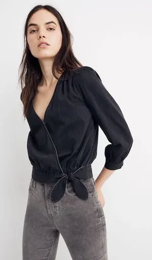 Madewell Wrap Top in Black Denim Size Small in Color Ashbury thumbnail 1
