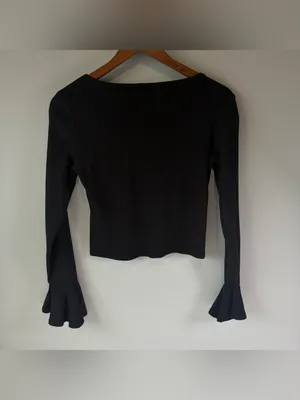 Anthropologie Maeve Black 100% Cotton Scoop Neck Flutter Sleeve Knit Top Size XS thumbnail 2