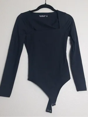 Abercrombie & Fitch Soft AF Long Sleeve Bodysuit XS Black Square Neck Thong thumbnail 3