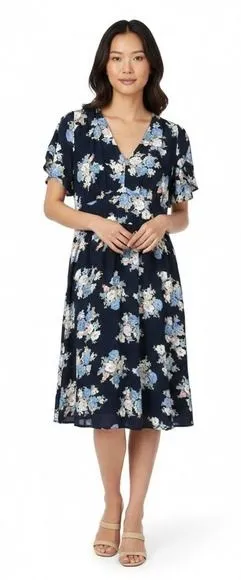 Loft Floral Knee‎ Length Dress Womens 4 Blue Viscose Dainty Romantic Boho Garden thumbnail 1