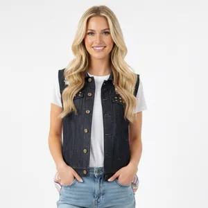 Agile denim sleeveless dark wash Denim Vest Studded Details & America detail thumbnail 2