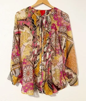 V Cristina Abstract Sheer Blouse Size Medium Multicolor​‎ Yellow thumbnail 1