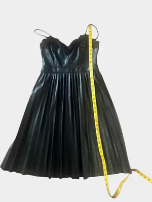 Express Black Faux Leather Pleated Midi Dress Lace Trim Small Goth thumbnail 14