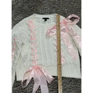 Women’s Ivory Chunky Cable Knit Sweater Pink Ribbon Bow Oversized Himekaji L thumbnail 13