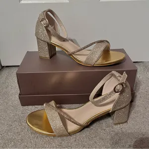 Women’s Champagne Glitter Open-Toe Low-Heeled Ankle Strap Sandals thumbnail 1
