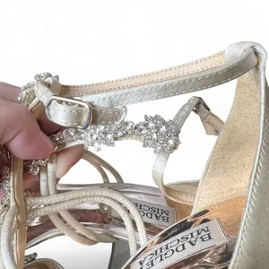 Badgley Mischka Crystal Embellished Ivory Satin Bridal Wedding Block Heel Shoe 7 thumbnail 6