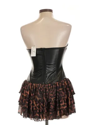 Black Faux Leather Strapless Corset Dress with Leopard Ruffle Skirt thumbnail 6