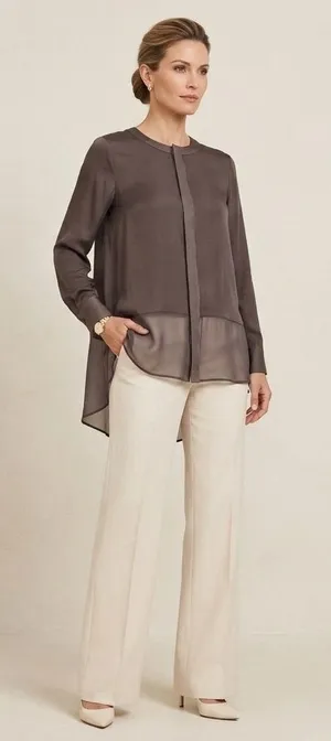 Rag & Bone Silk Sheer Hi Low Blouse Taupe Long Sleeve‎ Top S Minimalist Designer thumbnail 1