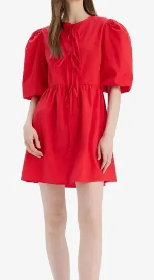 Band of the Free LA red cotton pocket dress puff sleeve tie bust M thumbnail 1