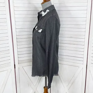 True Freedom Lace Trim Raw Edge Denim Button Up Shirt‎ Gray Black Small thumbnail 2