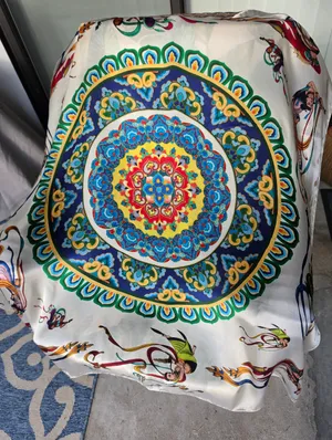 Vintage 100% Silk Scarf Hand Rolled Hem. DunHuang Art 43x41" thumbnail 1