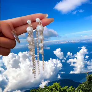 Faux Pearl Shiny Rhinestone Chain Tassel Design Dangle‎ Earrings Elegant Fashion thumbnail 9