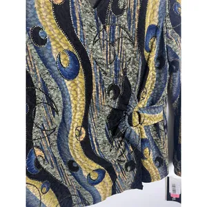 NWT! Sharon Anthony MD Blue Gold Abstract Swirl Buckle Wrap Artsy Y2K Top Shirt thumbnail 2