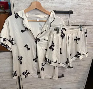 Women Pajama Set Short Sleeve Button Down Shorts Bow Print Cream Black Medium thumbnail 1