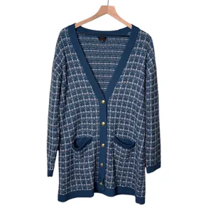 Talbots Merino Wool V Neck Cardigan Sweater Texture Plaid Blue White Size Medium thumbnail 3