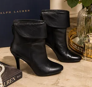 Ralph Lauren Black Leather Leola Fold-Over High Heel Boots‎ Size 7.5 booties thumbnail 1