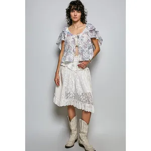 POL Lace Detail Floral Tie Front Ruffle Short Sleeve Blouse -‎ Off White - Large thumbnail 4