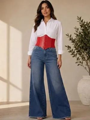 Corset Style Wide Girdle‎ Red Fashion Elastic Faux Leather Skinny Elastic Waist thumbnail 2