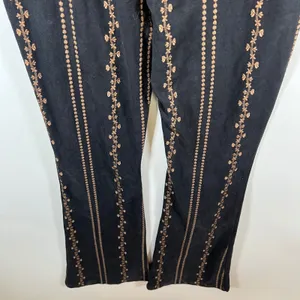 Honey Belle Womens Black Brown Floral Stripe Faux‎ Suede Flare Pants Size M Boho thumbnail 7