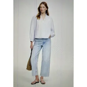 Madewell $98 Ruffled Popover Long Sleeve Top Stripe Blue Cotton Blouse Size M thumbnail 3