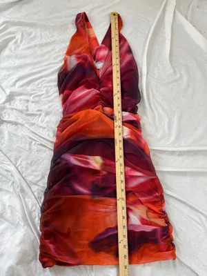 NWT Oh Polly Orange Red Abstract Ruched Mesh Bodycon Mini Dress V-Neck Size 6 thumbnail 8