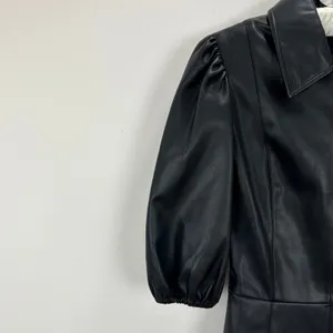 Lime Faux Leather Mini Dress Black Minimalist A Line Puff Sleeve Collared XS thumbnail 5