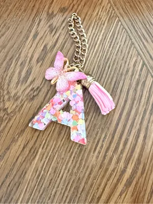 Yika Letter A Initial Keychain Resin Charm w/ Butterfly Tassel Pendant Pink NWOT thumbnail 3