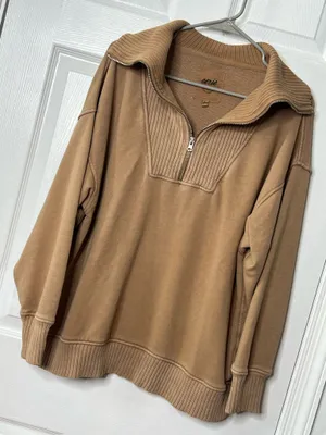 Aerie Camel Quarter Zip Pullover Sweatshirt Cozy Lounge Minimalist Athleisure M thumbnail 4