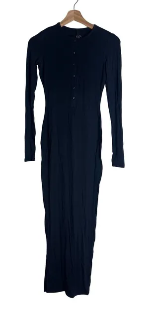 SKIMS Sleep Dress Women's Long Sleeve Henley Maxi Onyx Black XS thumbnail 1