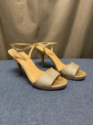 Badgley Mischka American Glamour Gold Glitter High Heel Sandals with Ankle Strap thumbnail 15
