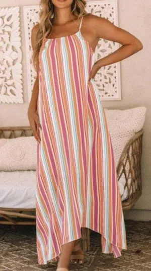 The Lace Daisy NEW Colorful Striped Spaghetti Strap Handkerchief Hem Maxi Dress Size Large thumbnail 6